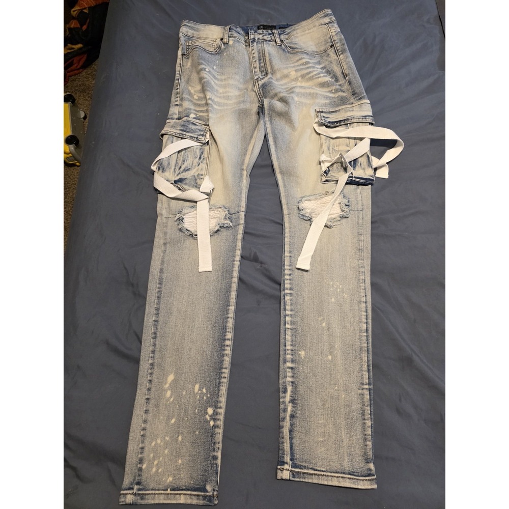 Waimea Skinny Fit Cargo Jeans Men's 32x32‎ Distressed Bleached Strap Pants